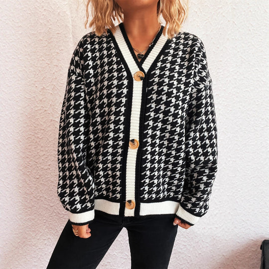 Damen lässiger Strickcardigan mit modischem Hahnentritt-Muster und Holzknöpfen EB