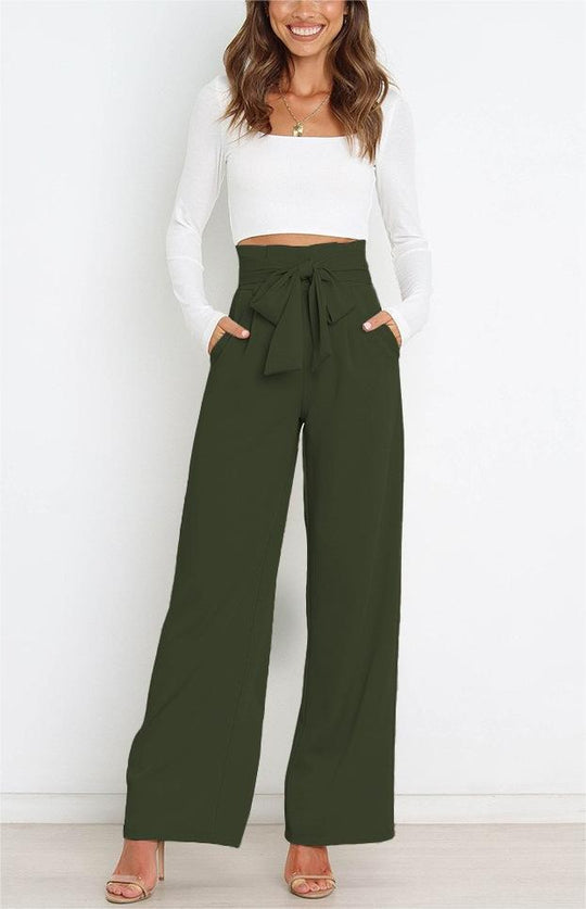 Damen Weite High-Waist Paperbag-Hose mit Bundfalten und Bindegürtel EB