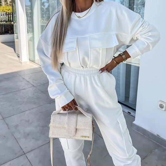 Damen Cargo-Loungewear-Set aus weicher Baumwollmischung mit hoher Taille und aufgesetzten Cargo-Taschen EB