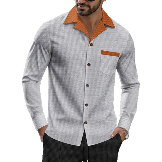 Herren modisches Langarmhemd mit kontrastierendem Kragen und Brusttasche EB