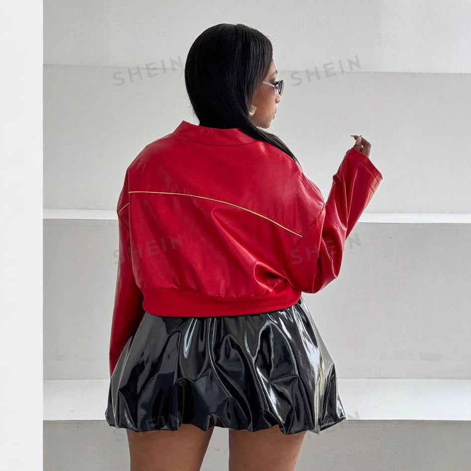 Damen cropped Kunstlederjacke mit sportiven Details EB