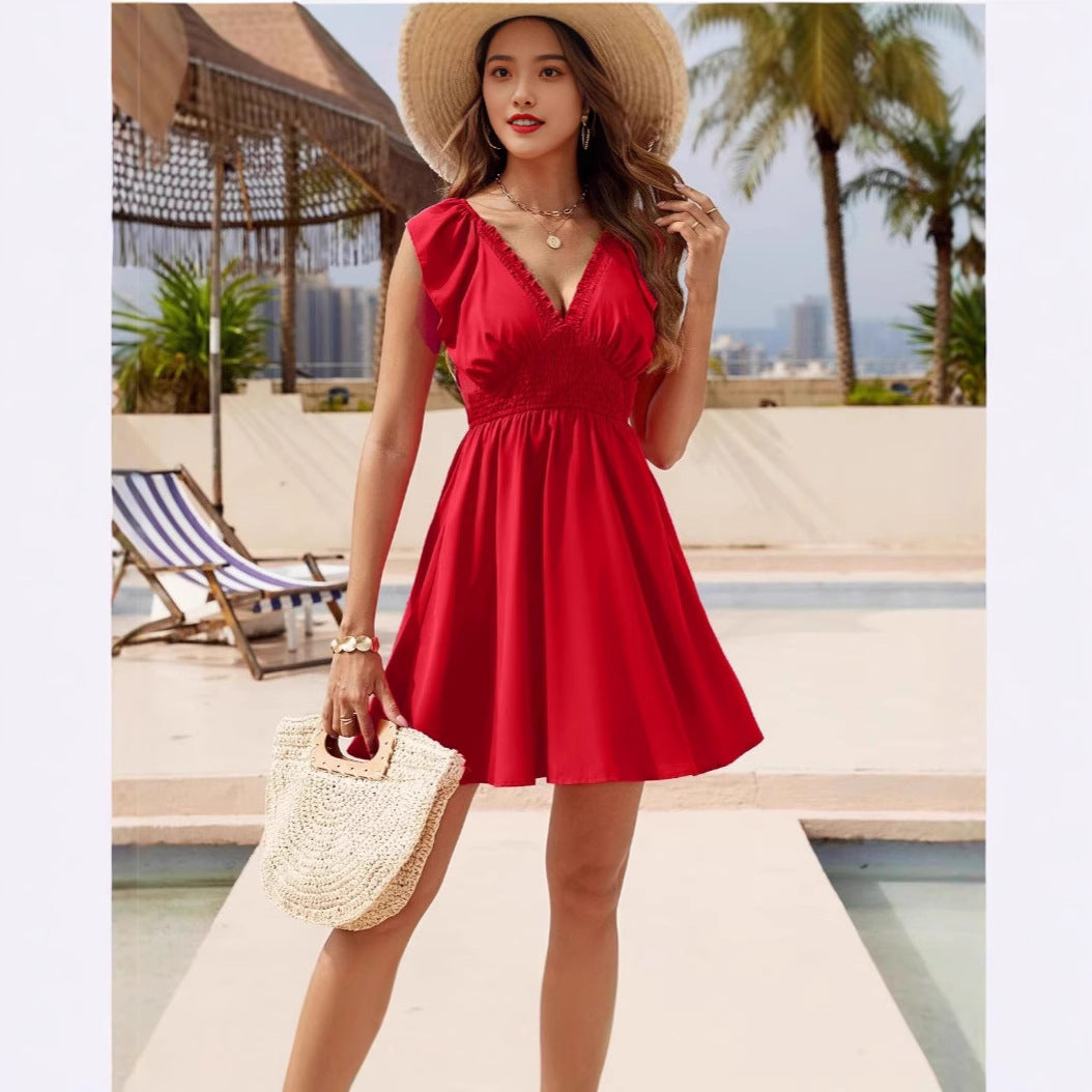 Damen Freizeitkleid mit schmalem Taillenbund und Rüschendetails EB