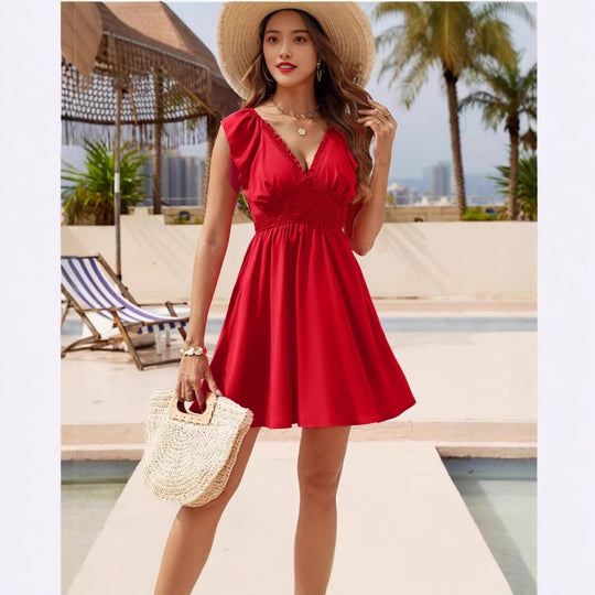 Damen Freizeitkleid mit schmalem Taillenbund und Rüschendetails EB