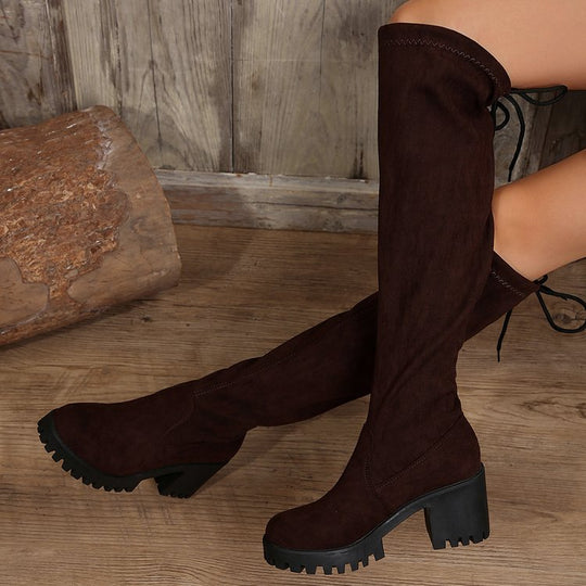 Damen Überknee-Stiefel mit modischem Leopardenmuster und robustem Blockabsatz EB