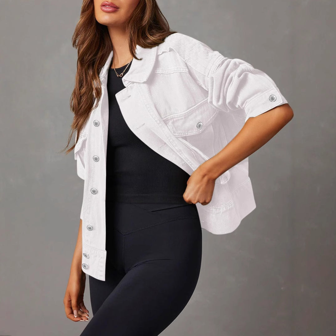 Damen nan kurze oversized Jeansjacke mit aufgesetzten Brusttaschen und krempelbaren Ärmeln EB