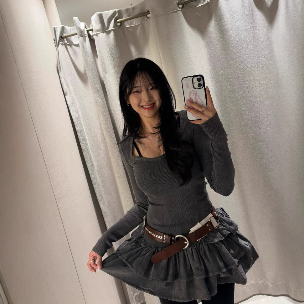 Damen Langarmkleid mit Rüschensaum EB