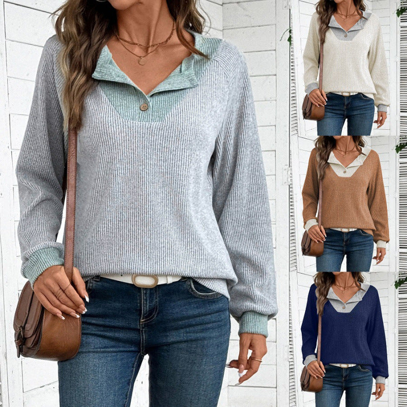 Damen lässiger Langarm-Pullover mit Hemdkragen und dekorativem Schnitt EB