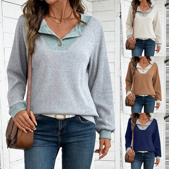 Damen lässiger Langarm-Pullover mit Hemdkragen und dekorativem Schnitt EB
