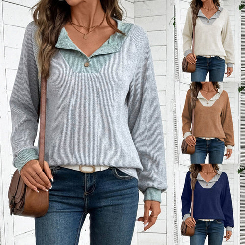 Damen lässiger Langarm-Pullover mit Hemdkragen und dekorativem Schnitt EB