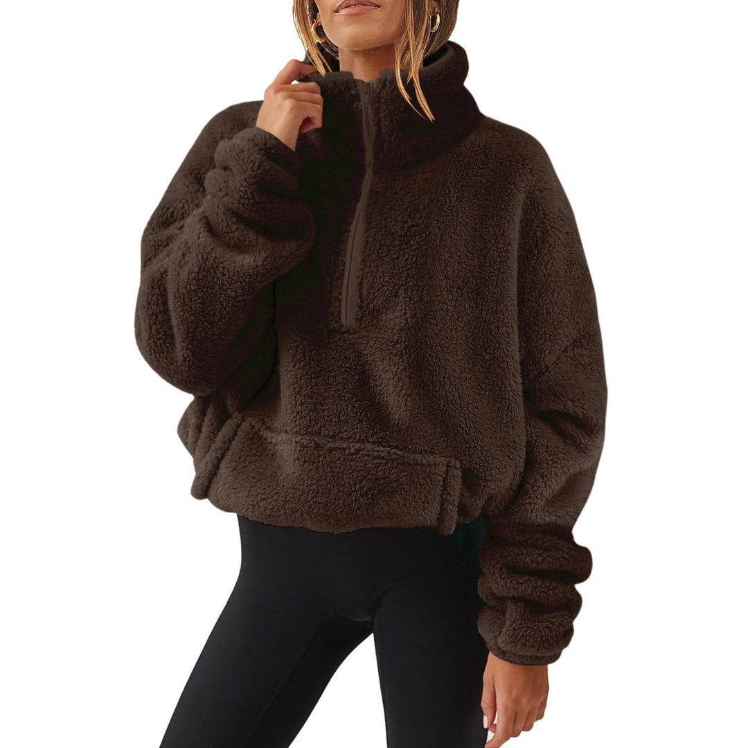 Damen nan Oversize-Halbzip Teddy-Fleecepullover mit Kängurutasche und hohem Stehkragen EB