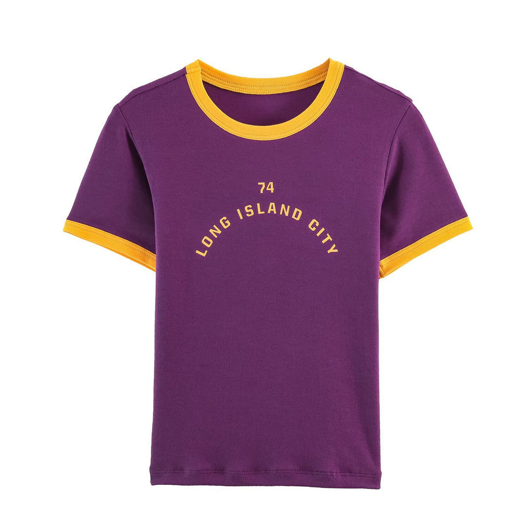Damen modisches T-Shirt mit kontrastierenden Ärmeln und aufgedrucktem Schriftzug EB