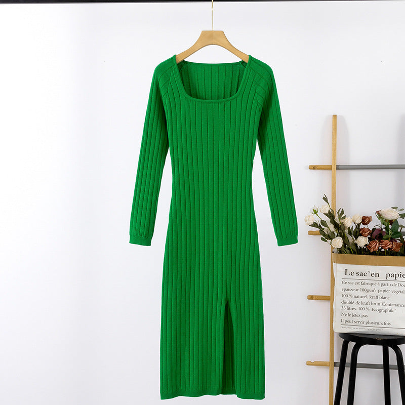 Damen Langarm-Strickkleid mit Quadratausschnitt und Rippstruktur EB