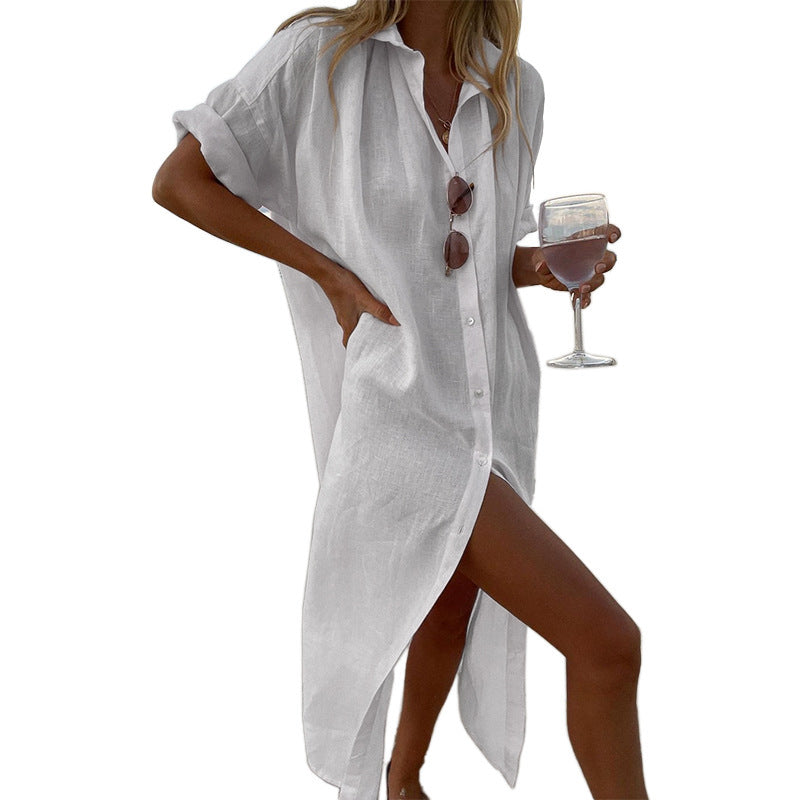 Damen lässiger Leinenhemdkleid EB