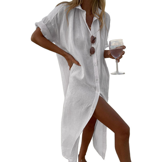Damen lässiger Leinenhemdkleid EB