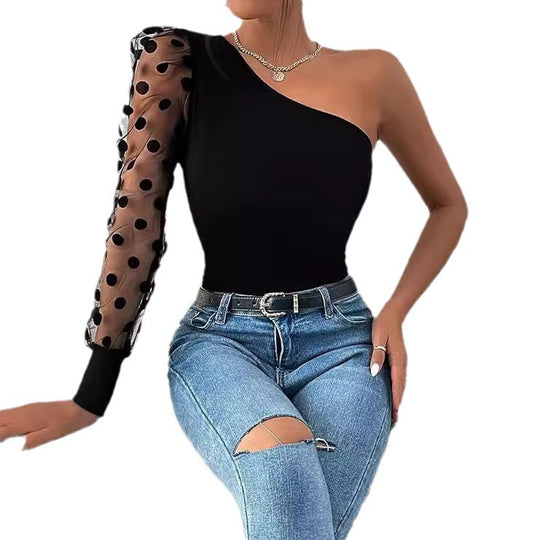 Damen Asymmetrischer Einteiler mit transparentem Puffärmel EB