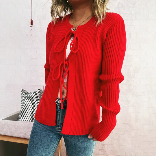 Damen Strickjacke mit dekorativem Schnürdesign und strukturiertem Material EB