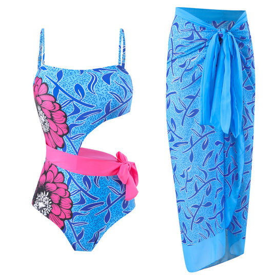 Damen Einteiler Badeanzug mit asymmetrischem Schnitt und farbenfrohem Wickelrock EB