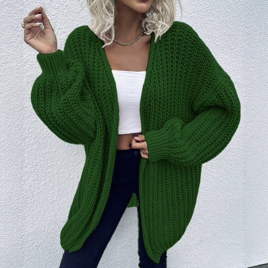 Damen lässiger Grobstrick-Cardigan mit tiefen Taschen und voluminösen Ärmeln EB