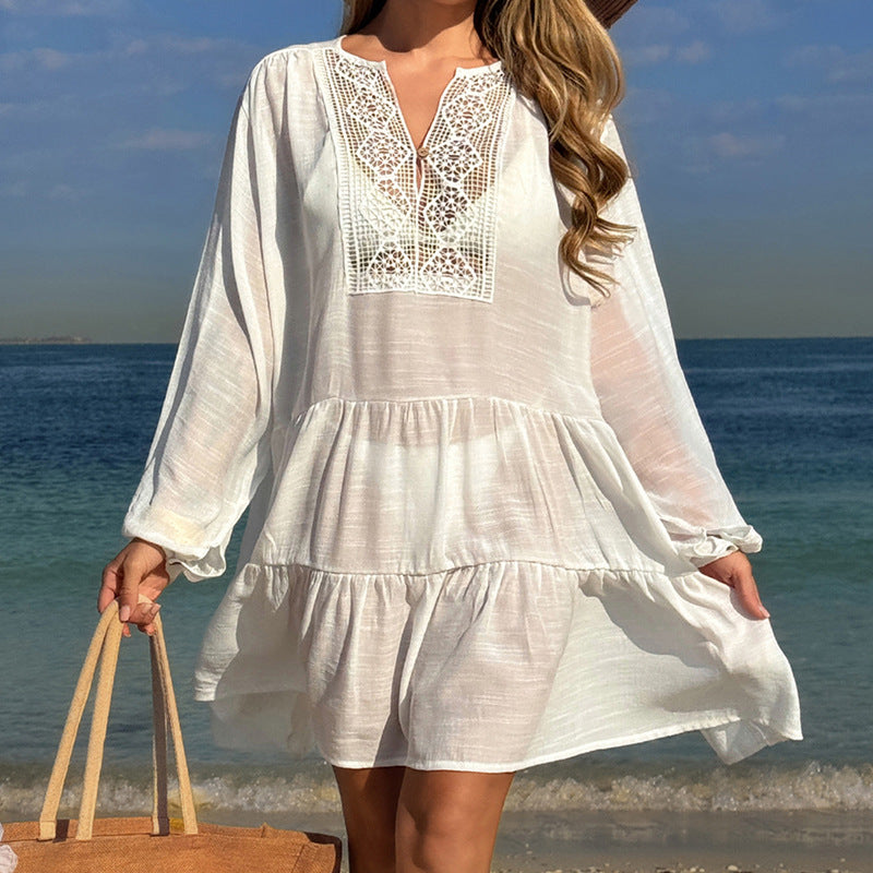 Damen luftiges Strandkleid mit Spitzenbesatz und Wasserfall-Saum EB