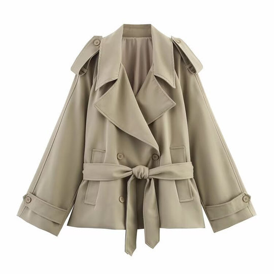Damen nan kurze Trenchcoat-Jacke mit Taillengürtel und Doppelreiher EB