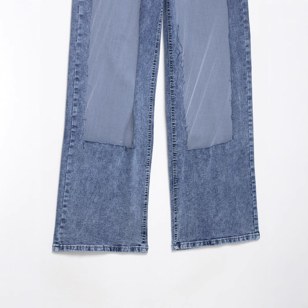 Damen weite Denim-Hose mit Patch-Design EB