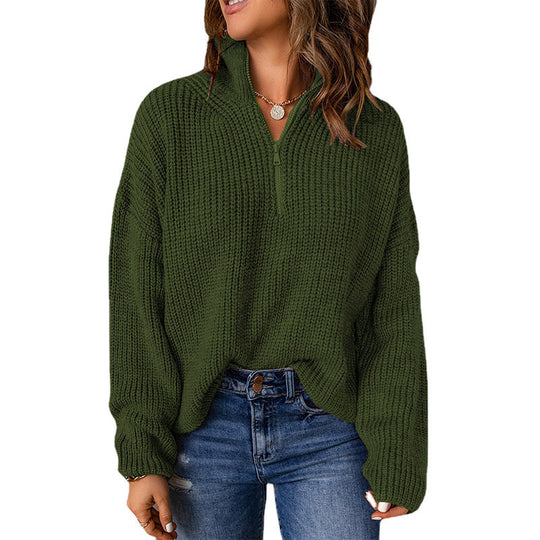 Damen Grobstrickpullover mit Stehkragen und Reißverschluss EB