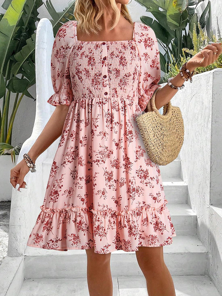 Damen romantisches Sommerkleid mit Puffärmeln und Rüschen EB