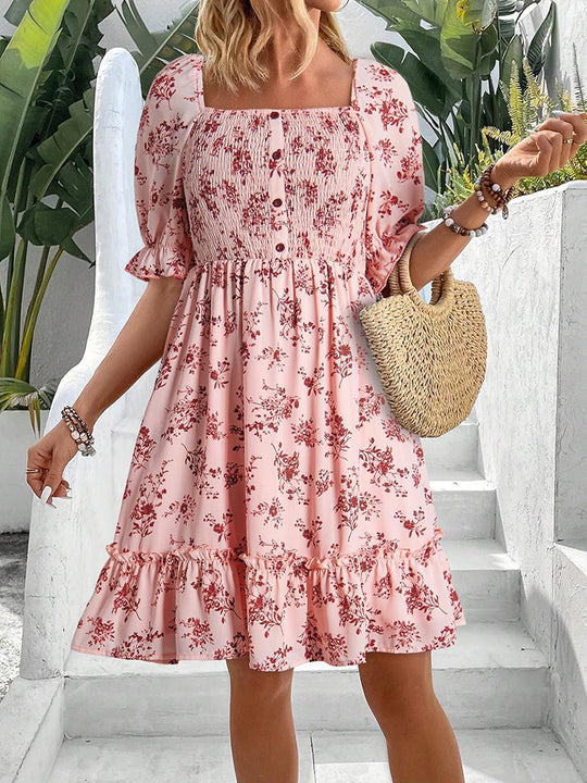 Damen romantisches Sommerkleid mit Puffärmeln und Rüschen EB