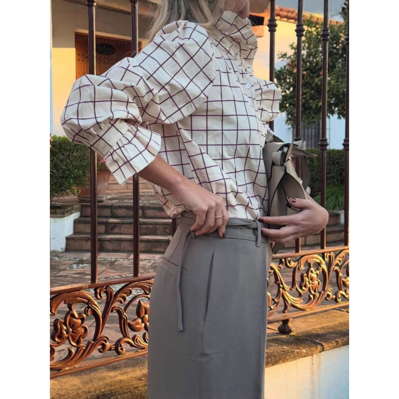 Damen Karobluse mit Rüschendetails und Knopfverschluss EB