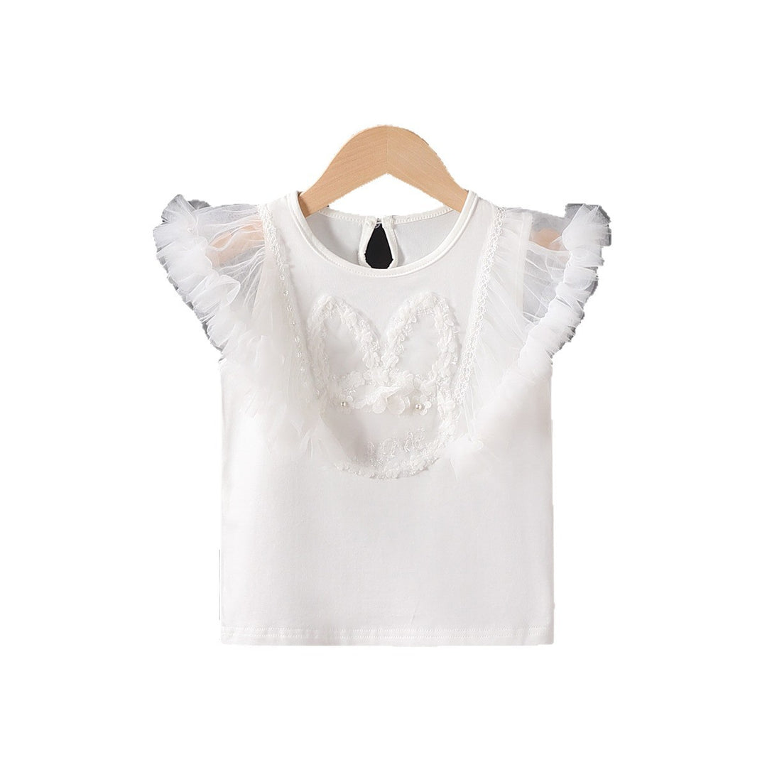 Mädchen T-Shirt mit luftigen Tüllärmel und besticktem Bunny-Motiv EB