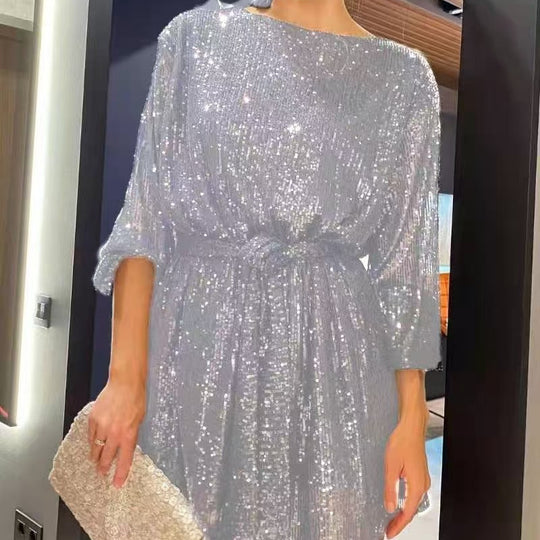 Damen Glitzerndes Minikleid mit langen Ärmeln und schimmerndem Oberstoff EB