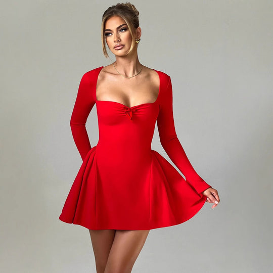 Damen Cocktailkleid mit tiefem V-Ausschnitt und schwingendem Rock EB