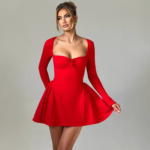 Damen Cocktailkleid mit tiefem V-Ausschnitt und schwingendem Rock EB