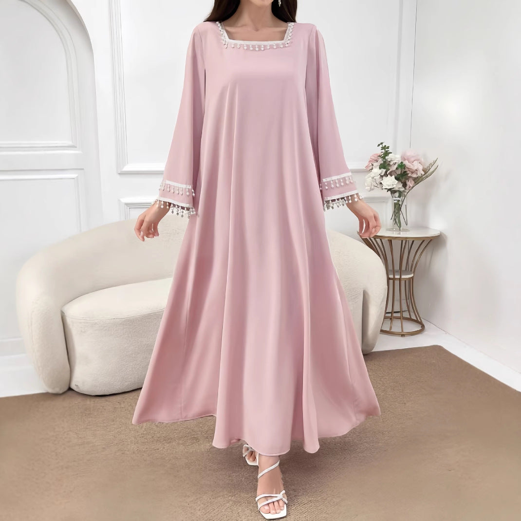Damen Elegantes Maxikleid mit dekorativen Fransen und weiten Ärmeln EB