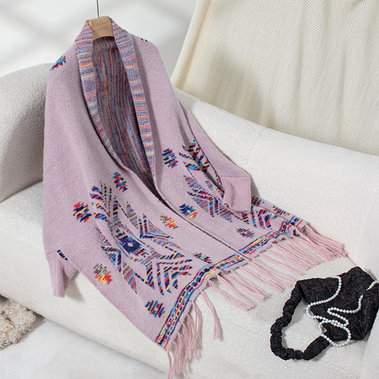 Damen Strickponcho mit buntem Navajo-Muster und fransigem Saum EB