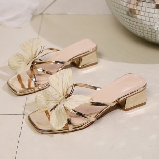 Damen elegante Sandalen mit floralen Applikationen und blockartigem Absatz EB