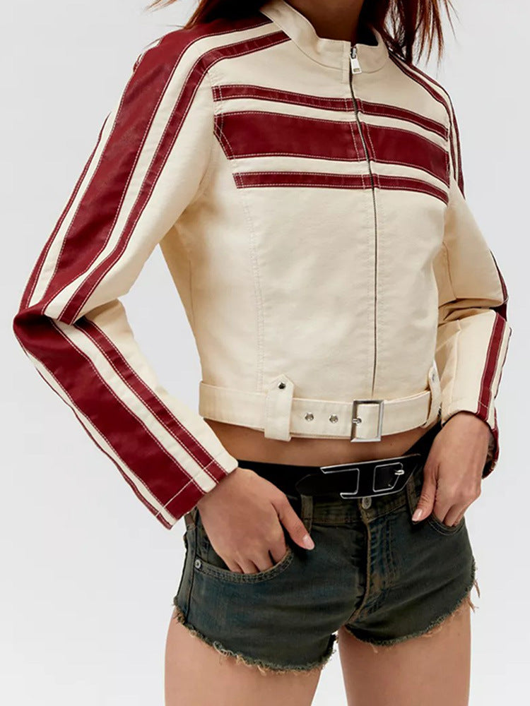 Damen kunstlederne Bikerjacke mit dezenten Kontraststreifen EB
