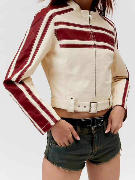 Damen kunstlederne Bikerjacke mit dezenten Kontraststreifen EB