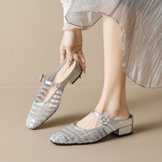 Damen Elegante Mules mit Netzdesign und modischem Riemen EB