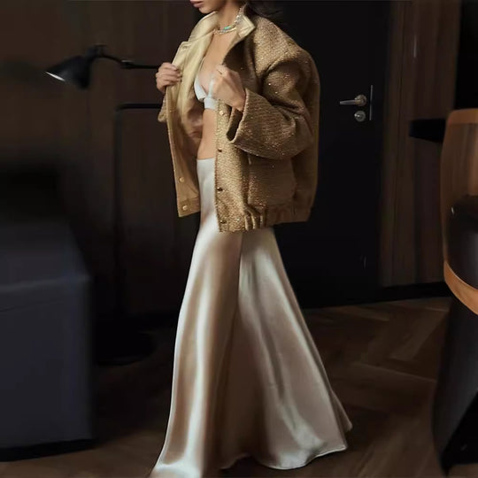 Damen Glamouröse Glitzerjacke mit oversized Schnitt und modischen Taschen EB