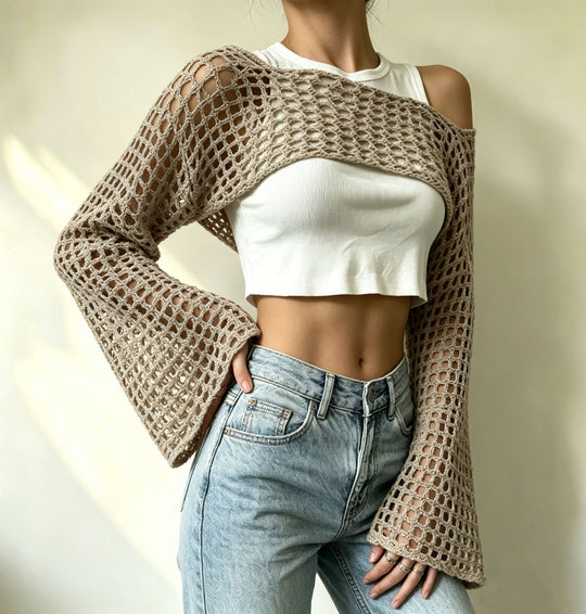 Damen gehäkelter kurzer Bolero mit asymmetrischem Schulterauschnitt und ausgestellten Ärmeln EB
