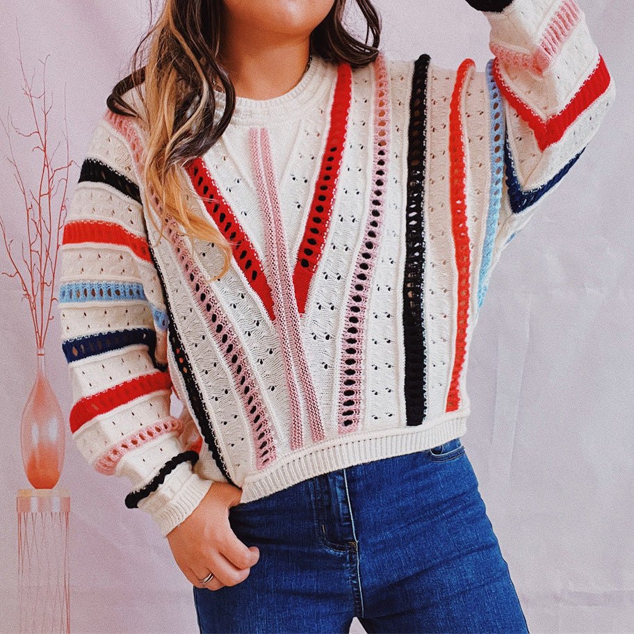 Damen lässiger Strickpullover mit modernem Farbverlauf und einzigartiger Lochstruktur EB
