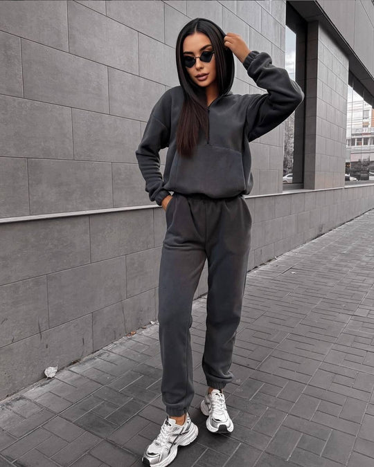 Damen sportliches Fleece-Set mit halbhohem Reißverschluss Kapuzenhoodie und lässiger Jogginghose EB