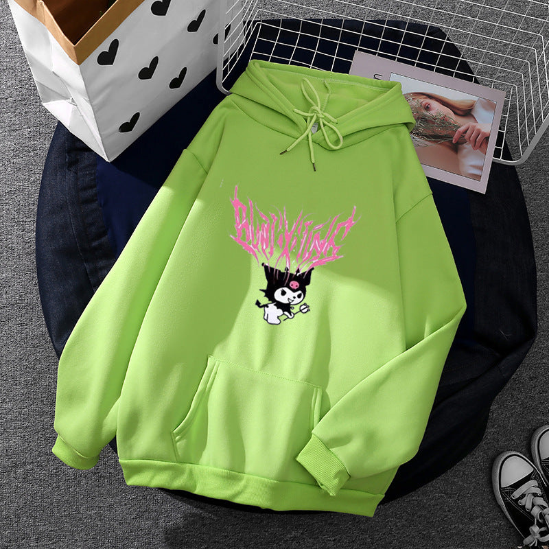 Damen nan lockeres Kapuzensweatshirt aus angerautem Fleece mit Kängurutasche und kawaii-Charakter-Print EB