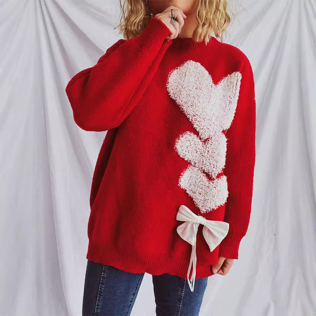Damen Pullover mit herzförmigem Design und dekorativer Schleife EB