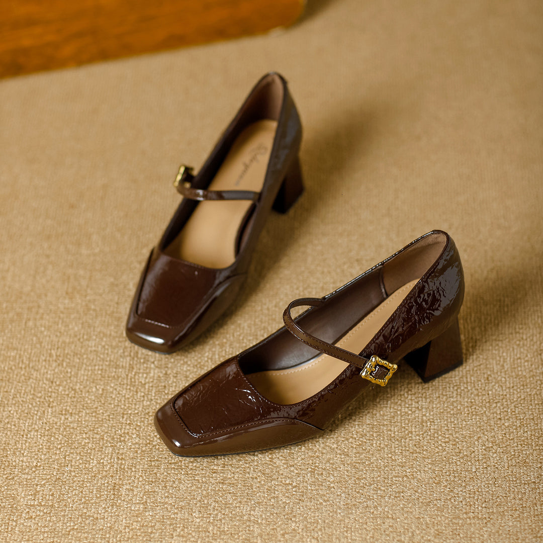 Damen elegante Mary Jane Pumps mit quadratischer Schuhspitze und modischem Riemen EB