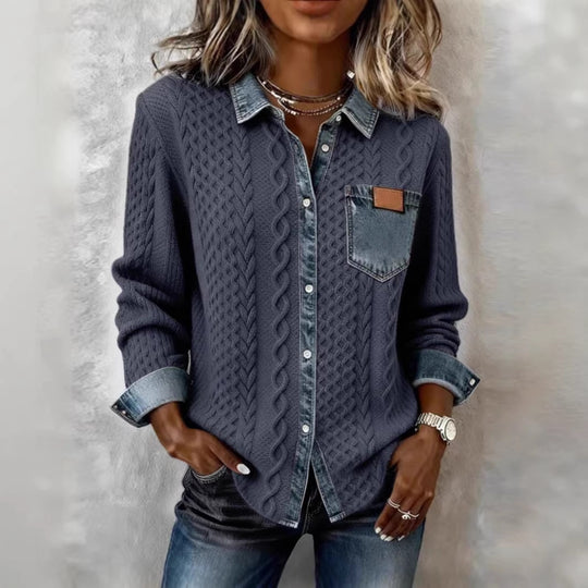 Damen nan geflochtener Strickpullover mit integriertem Jeanskragen und Brusttasche EB