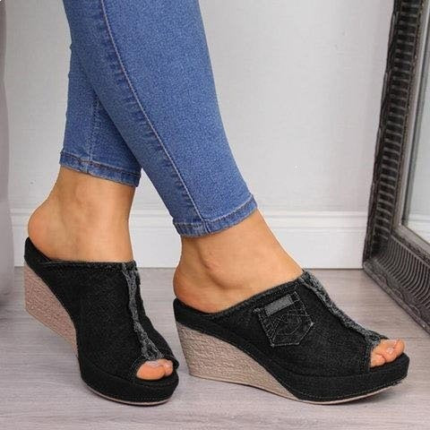 Damen Wedge-Pantoletten mit modischem Jeans-Design EB