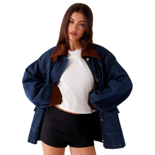 Damen Denimjacke mit Kapuze und kontrastierenden Ärmeln EB