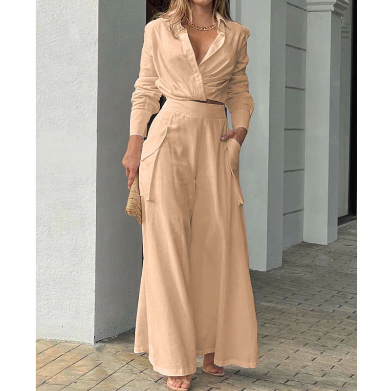 Damen Hochtaillierte weite Palazzo-Hose mit seitlicher Cargotasche und fließender Silhouette EB